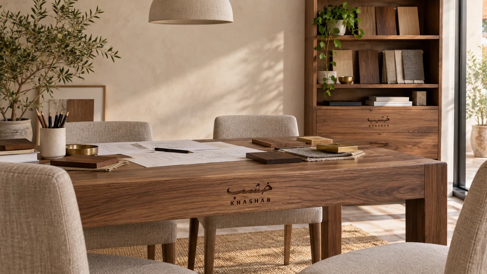 Daylit consultation studio with an engraved walnut table and material samples