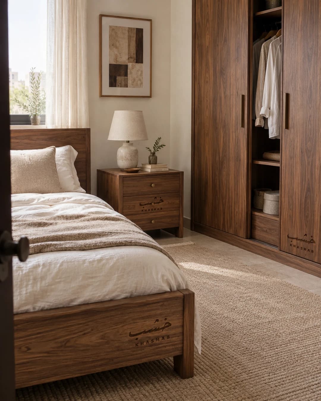 Daylit bedroom with a walnut bed, bedside drawers and wardrobe bearing engraved Khashab logos
