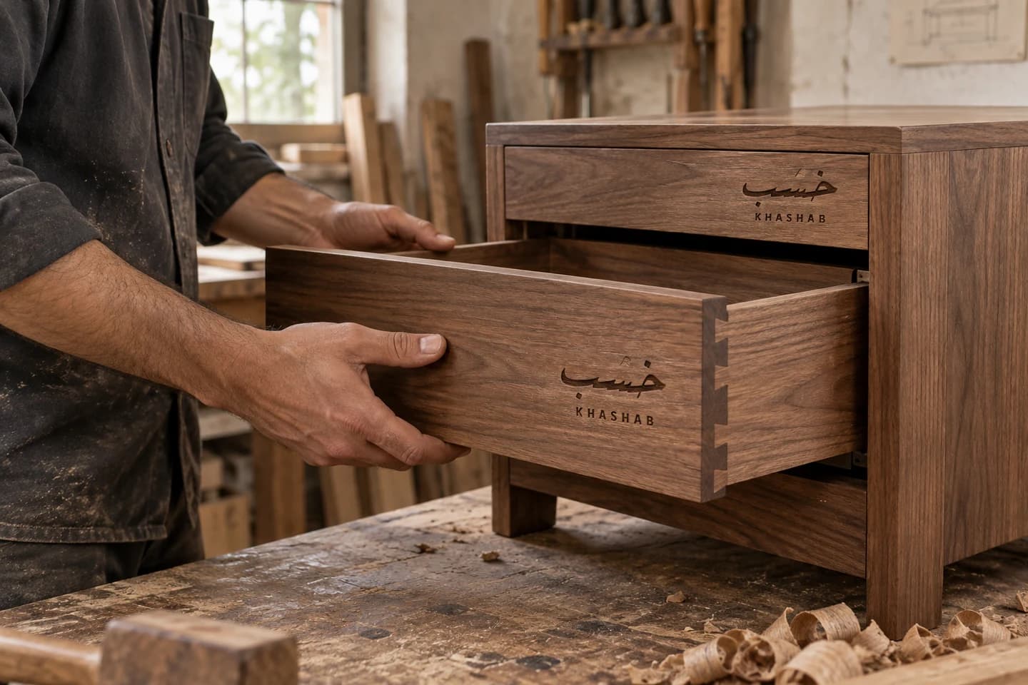 Craftsperson fitting a dovetail walnut drawer engraved with the Khashab logo