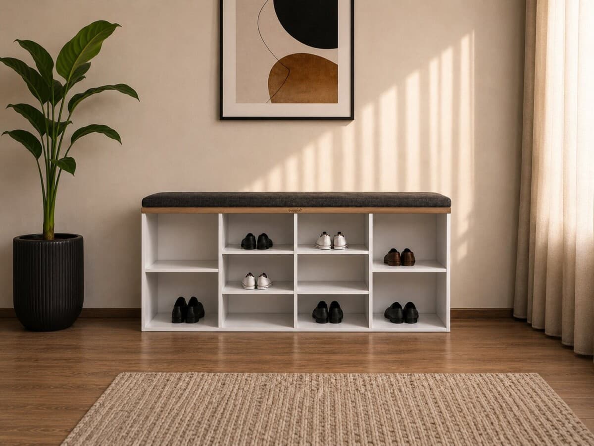 White Semota Shoe Rack in Living Room