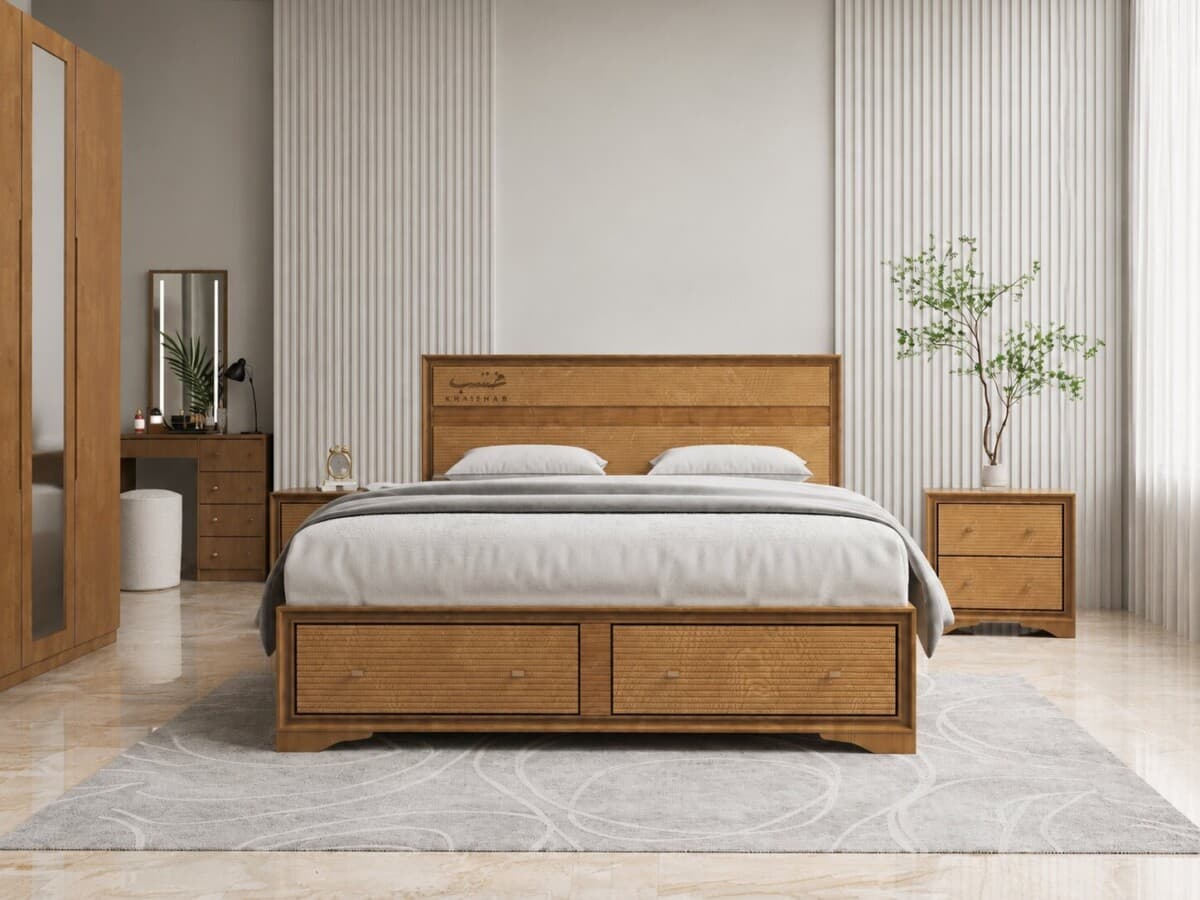 Luxurious Brown upholstered bed in warm lighting Bedroom