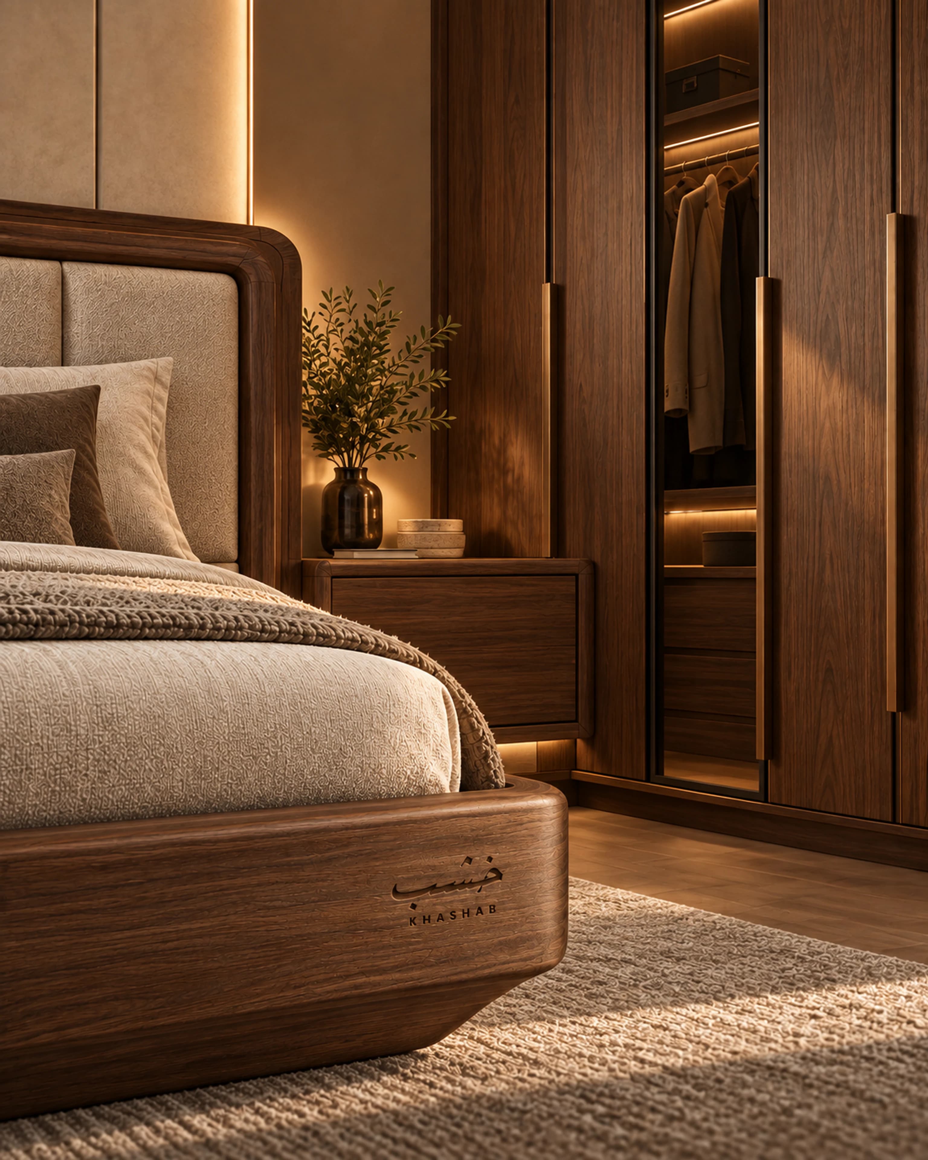Walnut bedroom with an upholstered bed, floating commode and a lit wardrobe