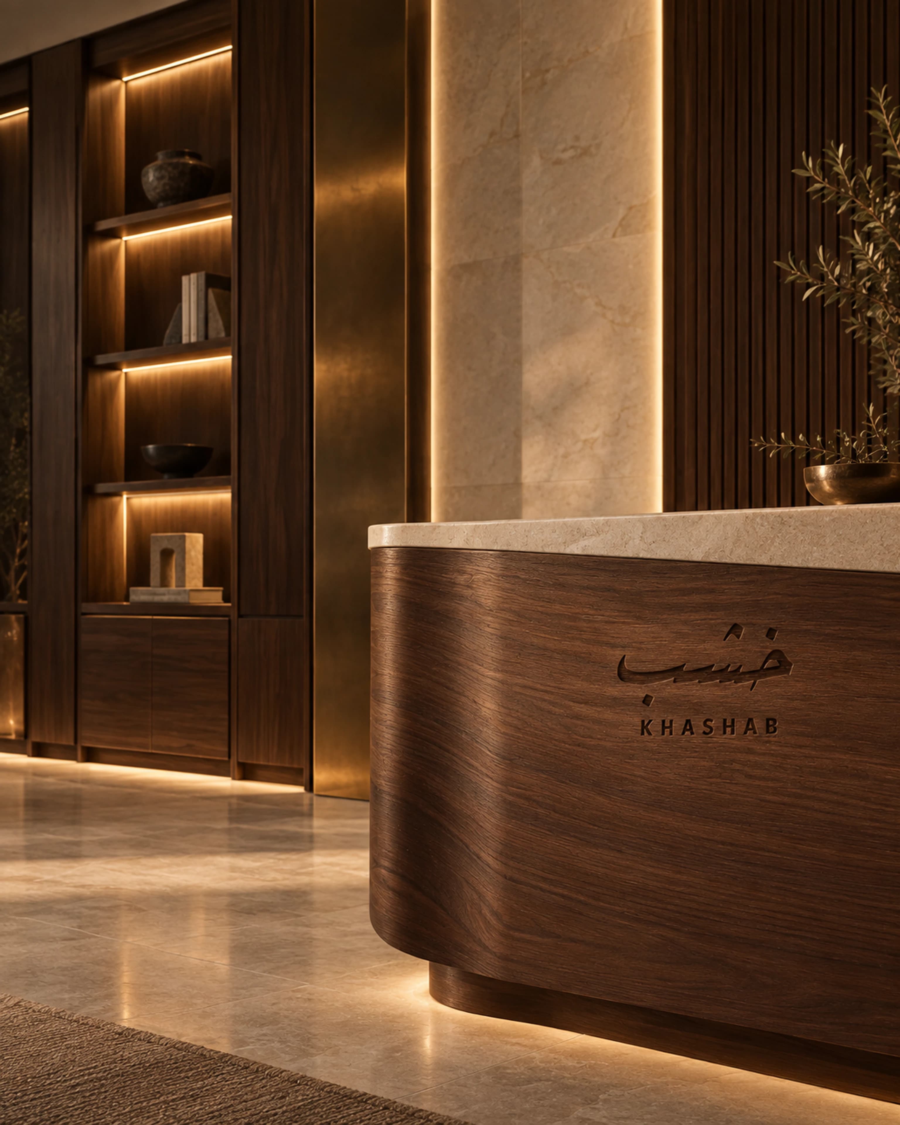Walnut reception counter and display unit with the Khashab mark engraved in the wood