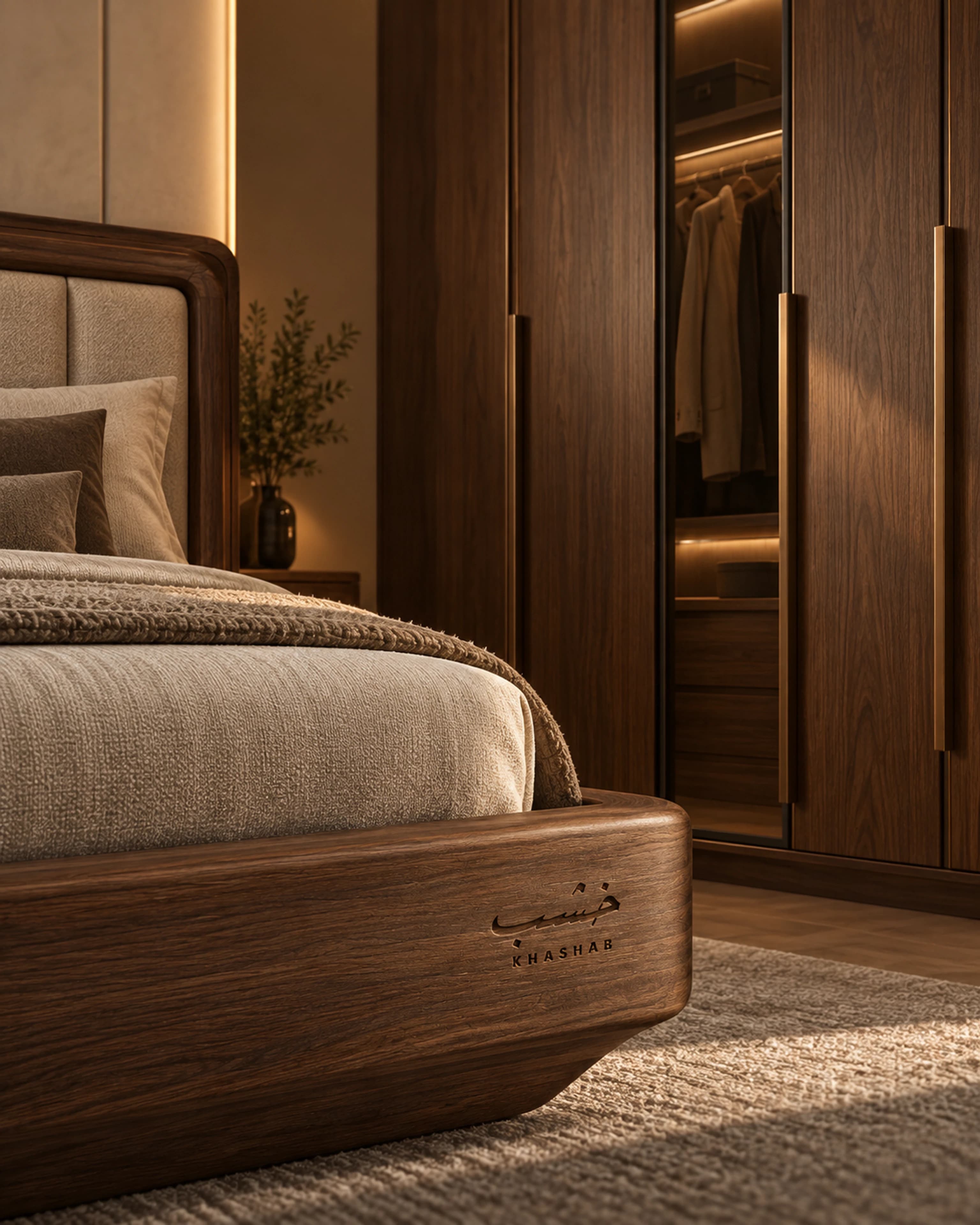 Walnut bed and wardrobe with the Khashab mark engraved in the wood