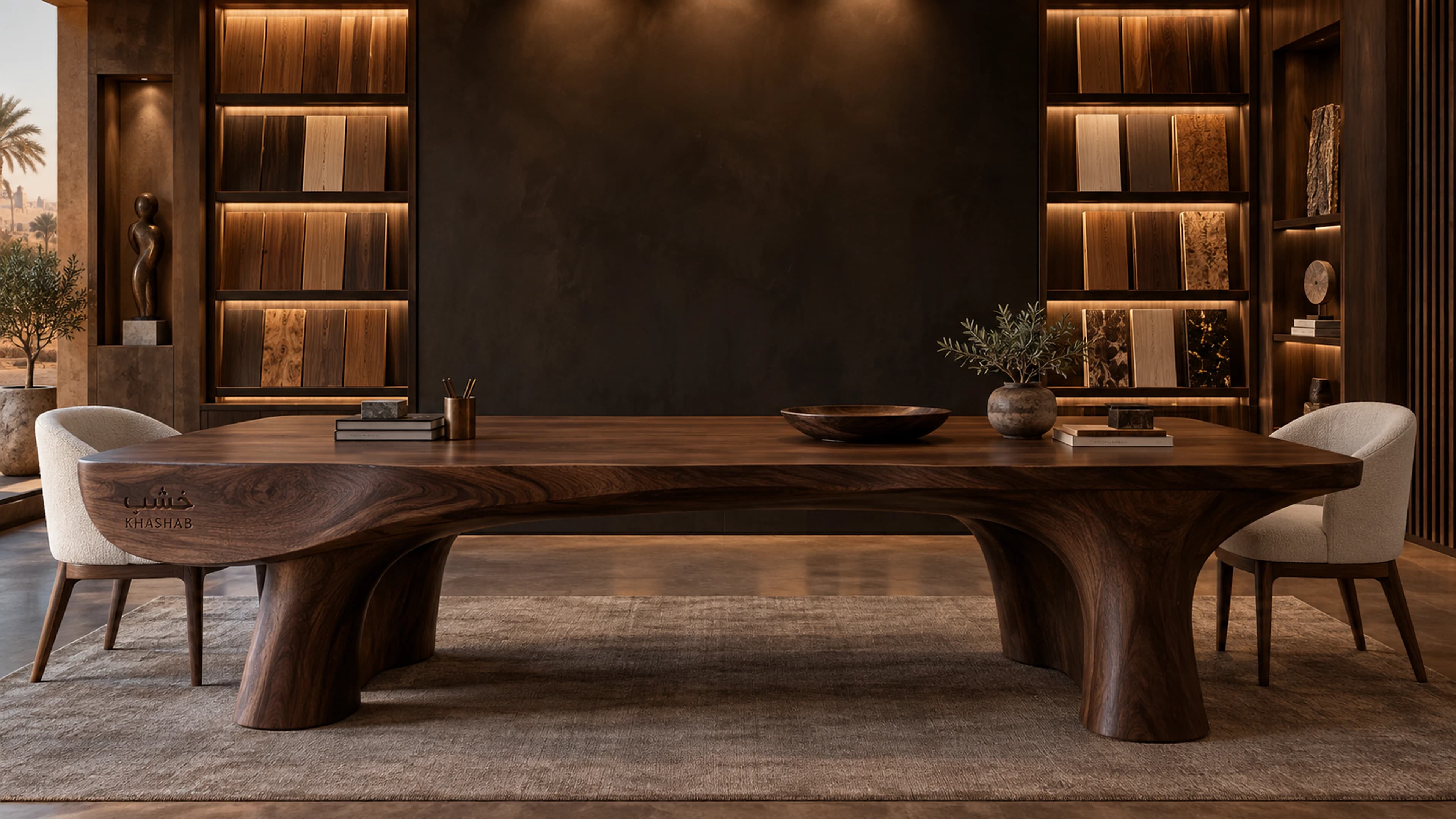 Khashab consultation salon with a sculptural walnut table and timber library