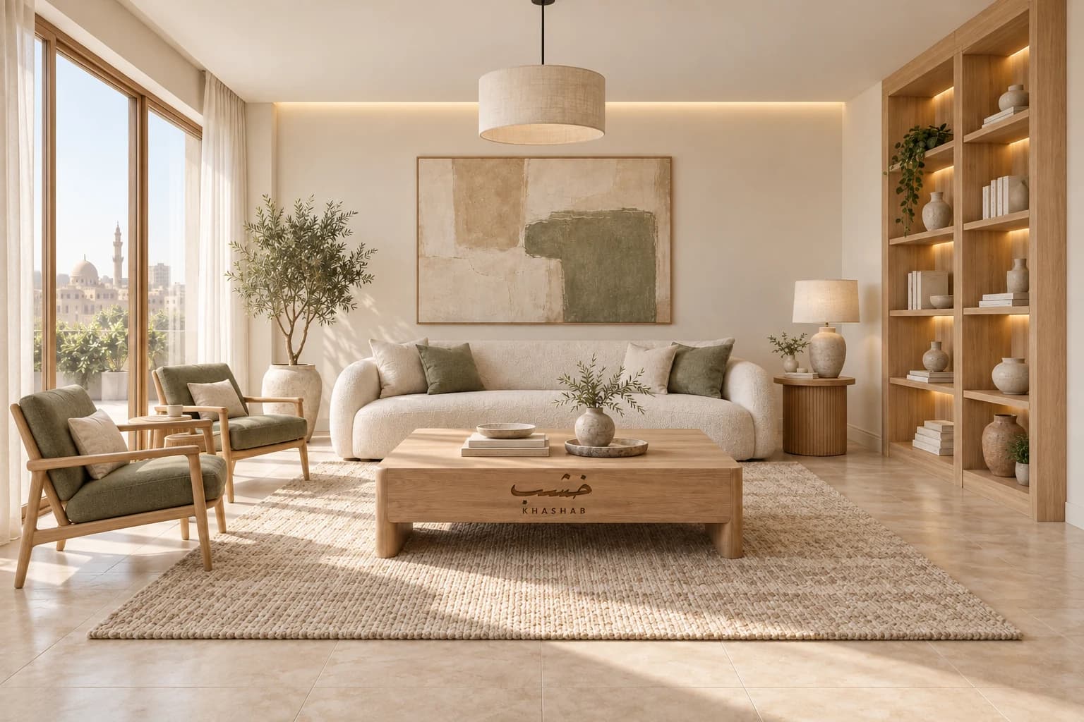 Bright Cairo living room furnished with a cream bouclé sofa, sage lounge chairs, a tall oak bookcase and an oak coffee table engraved with the Khashab logo