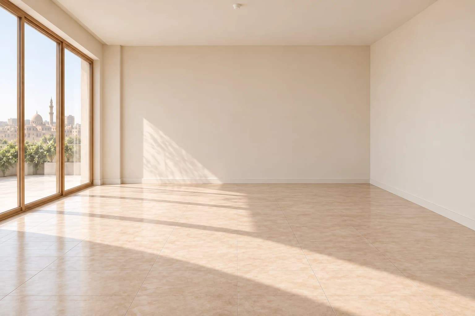The same Cairo living room before it was furnished: bare tile floor, plain plaster walls and a floor-to-ceiling window