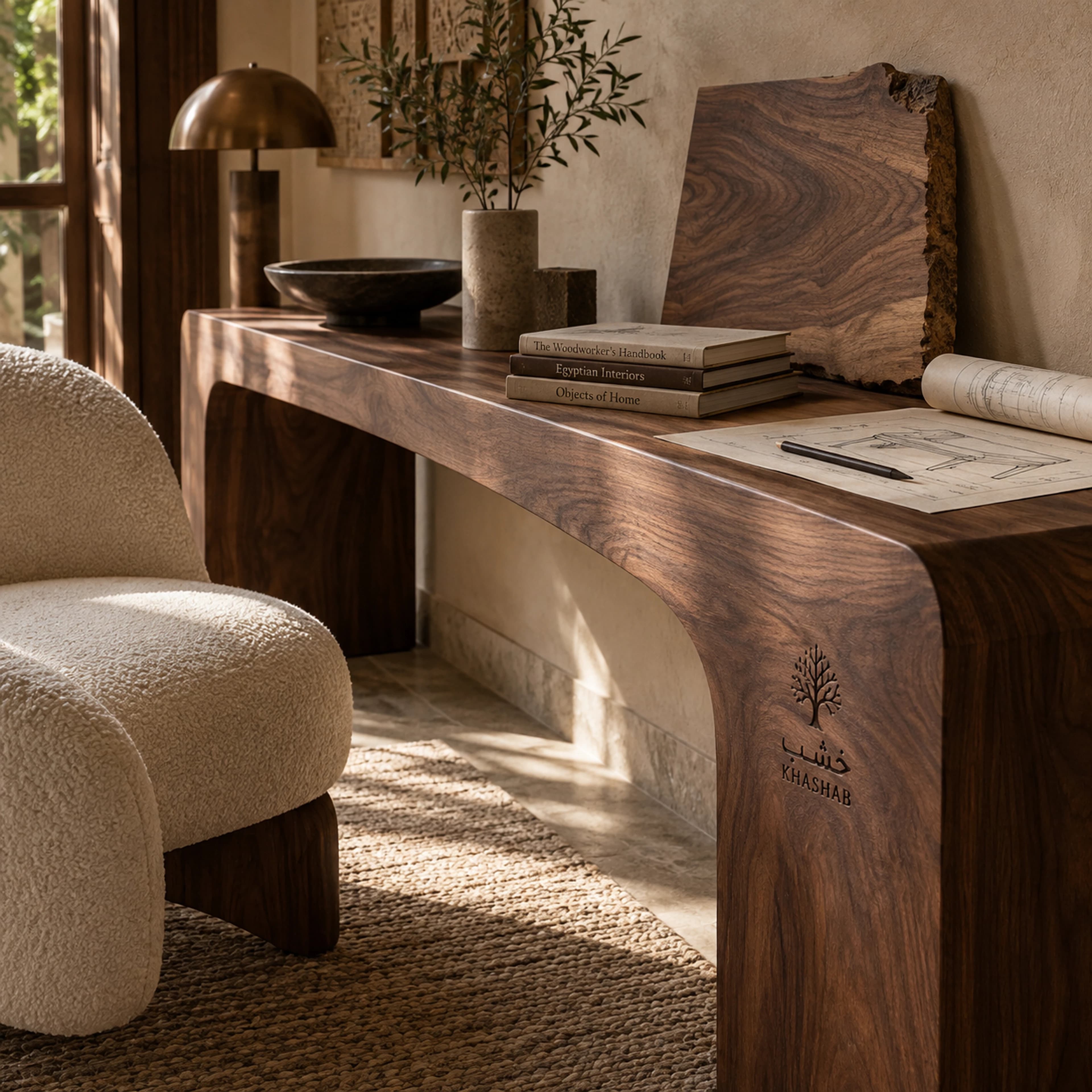 Sculptural walnut console, ivory chair and furniture plans in the Khashab atelier