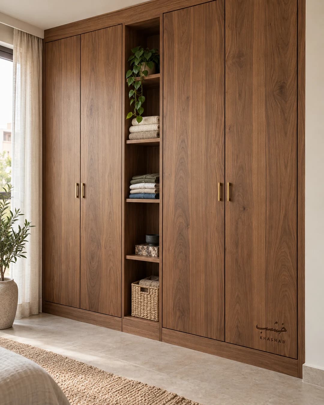 Made-to-measure walnut wardrobe with brass handles and an engraved Khashab logo