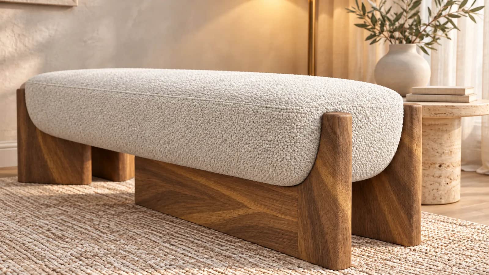 Close-up of a sculptural bench with soft white bouclé upholstery and flowing honey-brown wood grain, styled with a ceramic vase, books and soft lighting