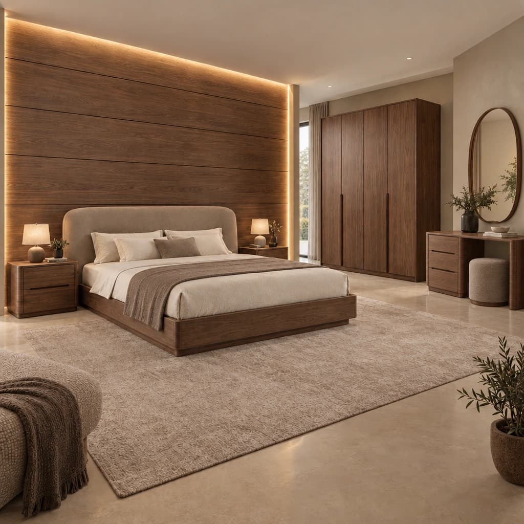 Vellora room main with seated dressing table and matching pouf by Khashab Furniture