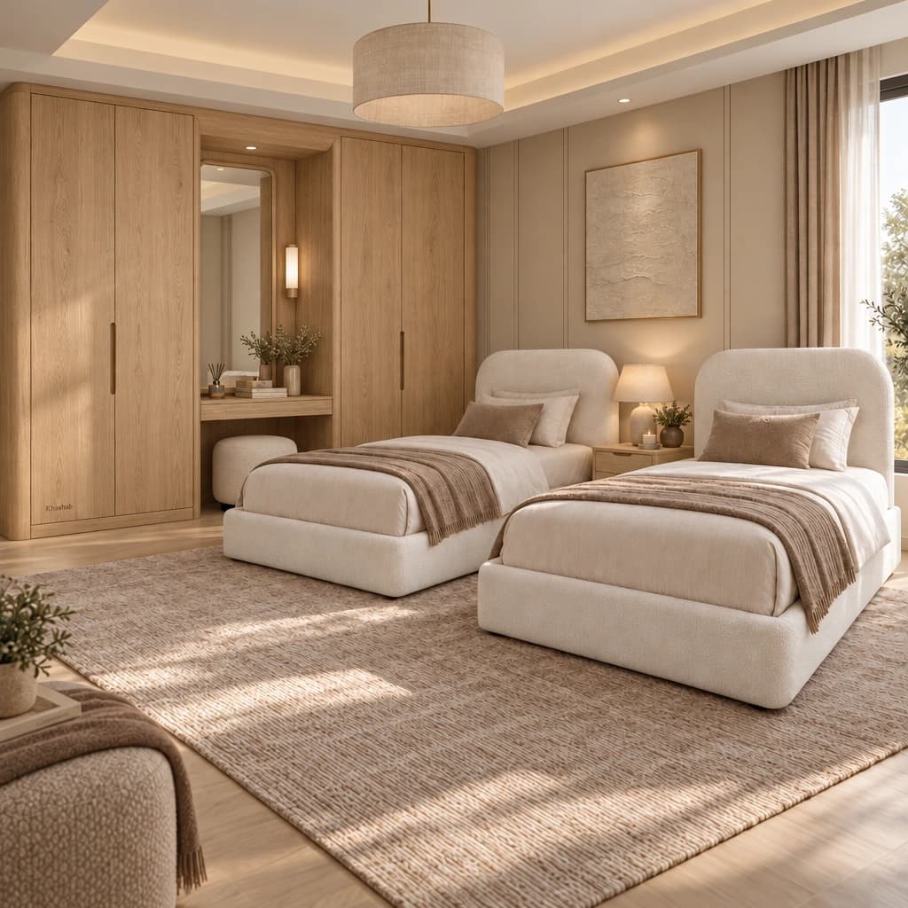 Furbo Room Set with cream beds and a modern natural oak wardrobe with wooden handles