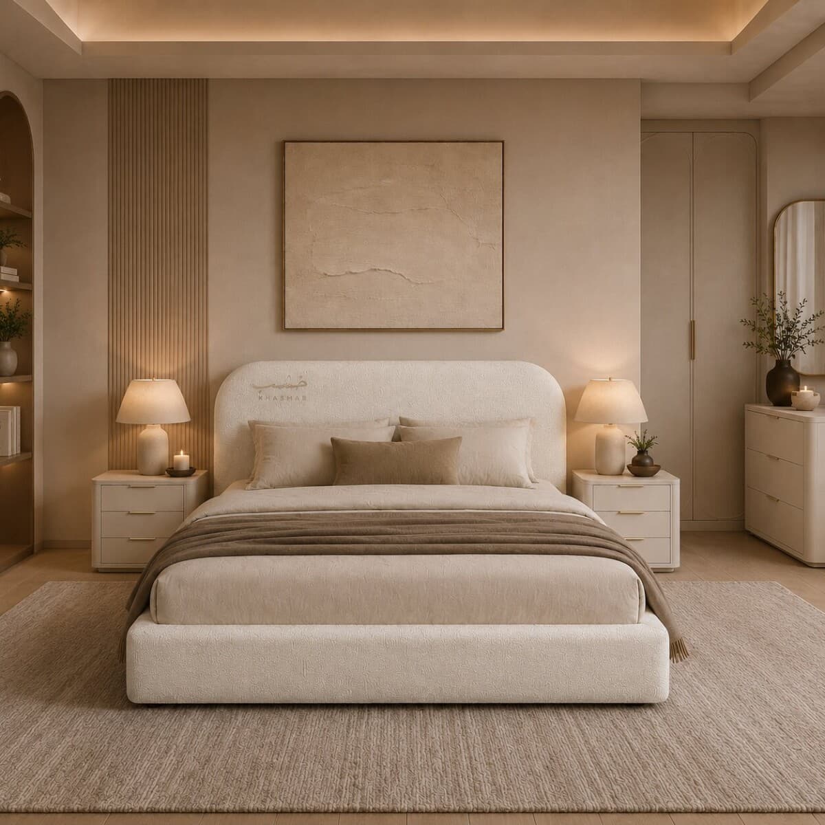 Luxurious white upholstered bed in warm lighting Bedroom