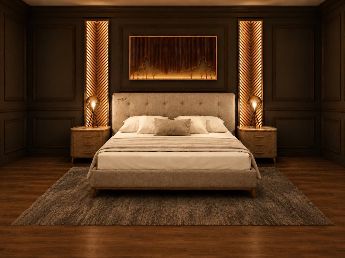 Luxurious Off-white upholstered bed in warm lighting Bedroom