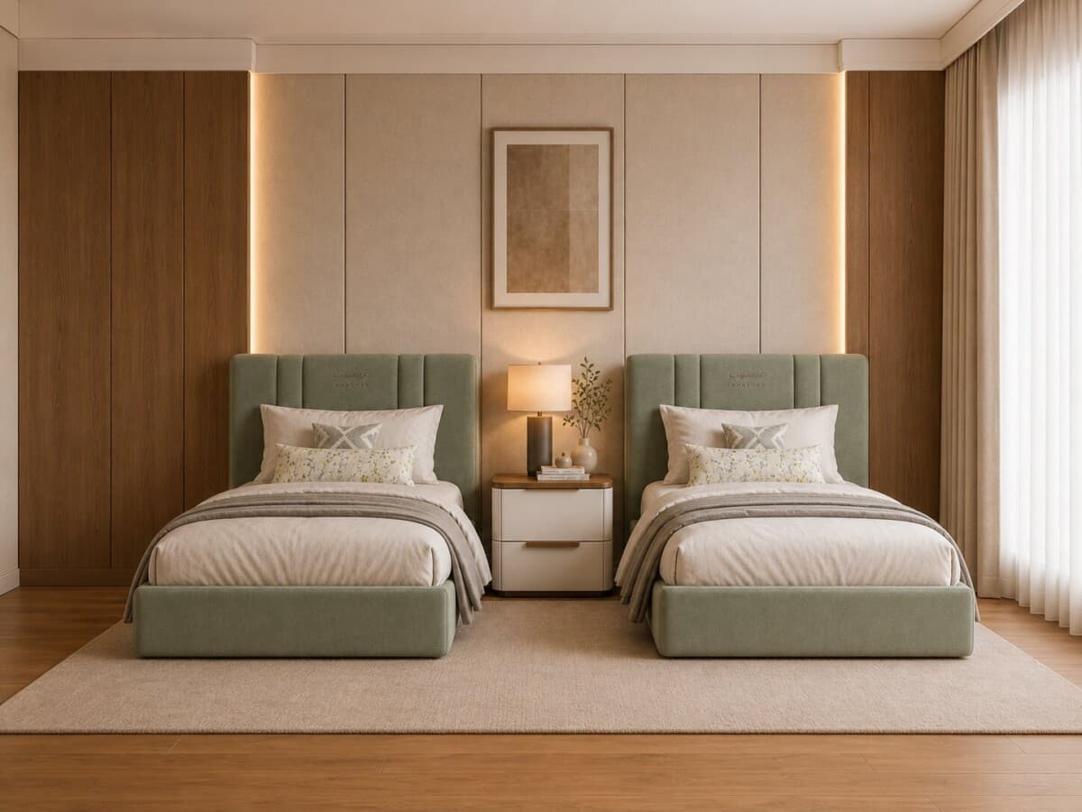 Cubid Bed stitched Khashab logo upholstered headboard close-up