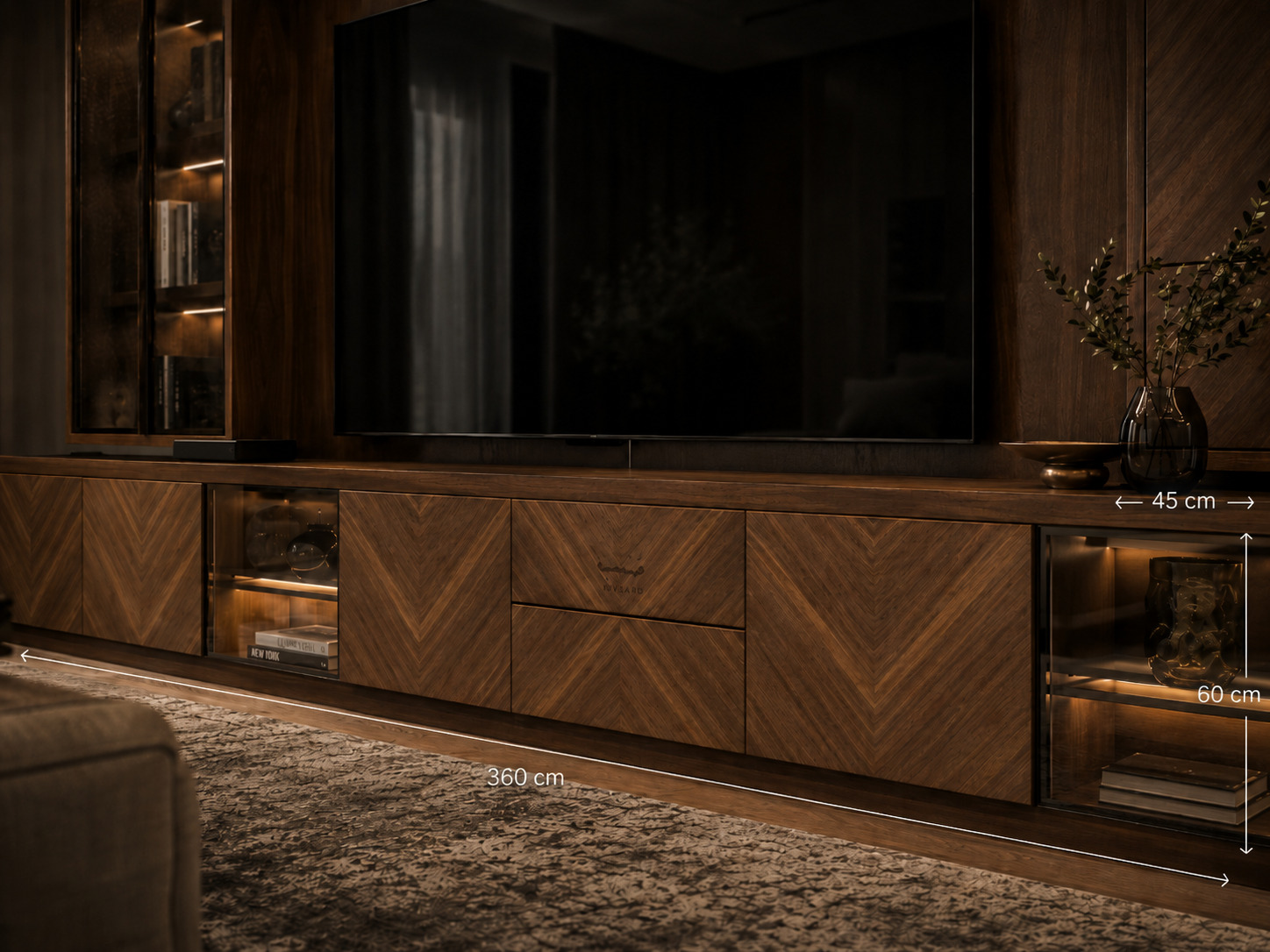 Made-to-measure wooden TV unit with dimension markers