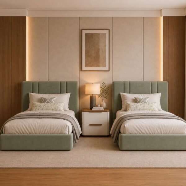 Cubid Bed stitched Khashab logo upholstered headboard close-up