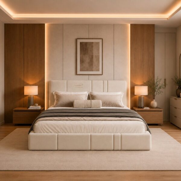 Luxurious white upholstered bed in warm lighting Bedroom