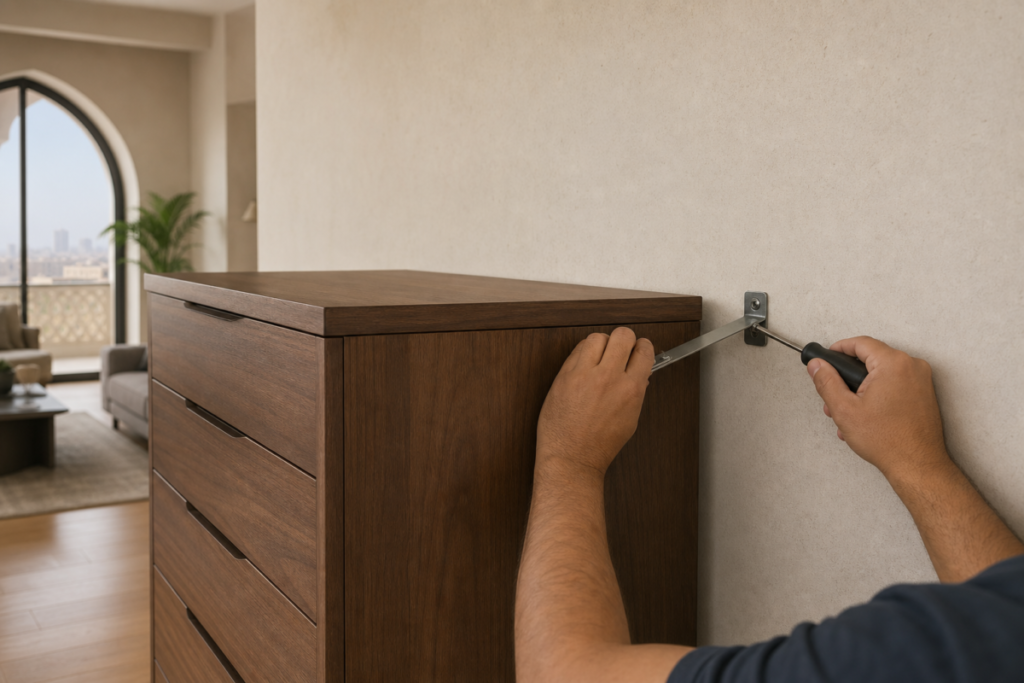 Installer securing a walnut chest of drawers to a wall with an anti-tip bracket in an Egyptian home