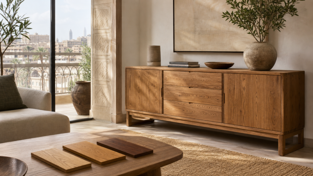 Custom oak sideboard with wood finish samples in a Cairo living room