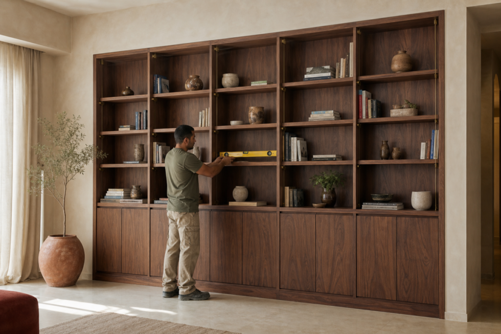 Furniture maker levelling a walnut built-in bookshelf in a contemporary Cairo apartment