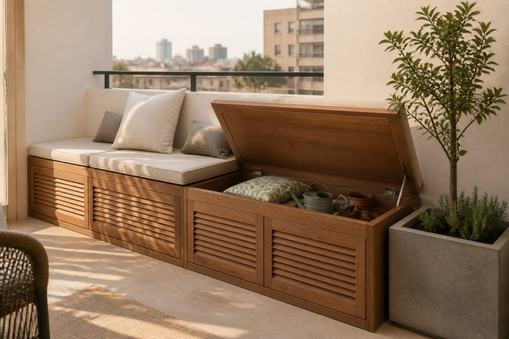 Custom teak-toned balcony storage bench with ventilated panels and open cushion compartment in a Cairo apartment