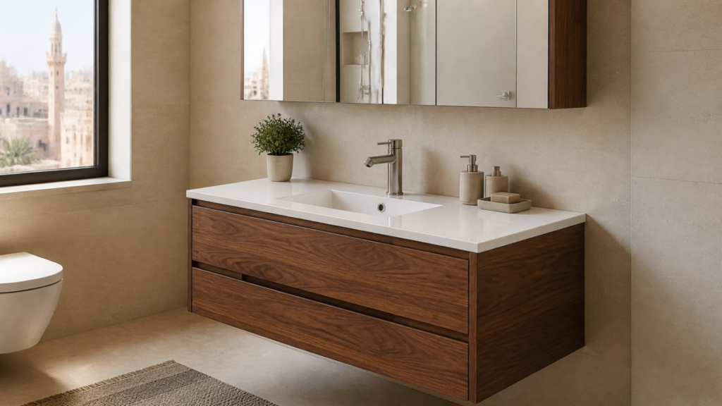 Custom floating walnut bathroom vanity with drawers and mirror cabinet in a modern Cairo apartment