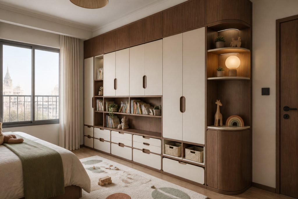 Custom walnut and cream children's bedroom storage wall with low drawers and book cubbies in a Cairo apartment