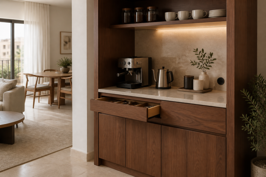 Custom walnut coffee station cabinet with espresso machine, kettle, task lighting, and organized storage in a Cairo apartment