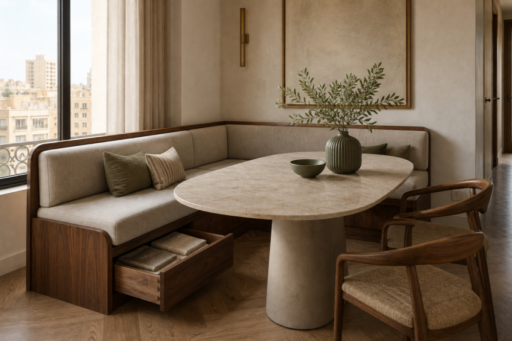 Custom walnut dining banquette with upholstered seating and an open storage drawer in a Cairo apartment