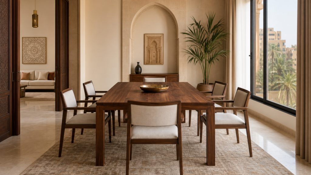 Six-seat custom walnut dining table in a spacious Cairo dining room