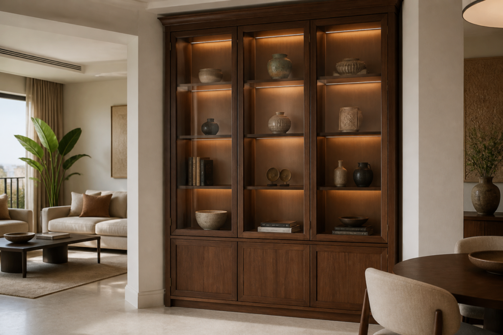 Custom walnut display cabinet with glass doors, warm lighting, and ceramics in a modern Cairo apartment