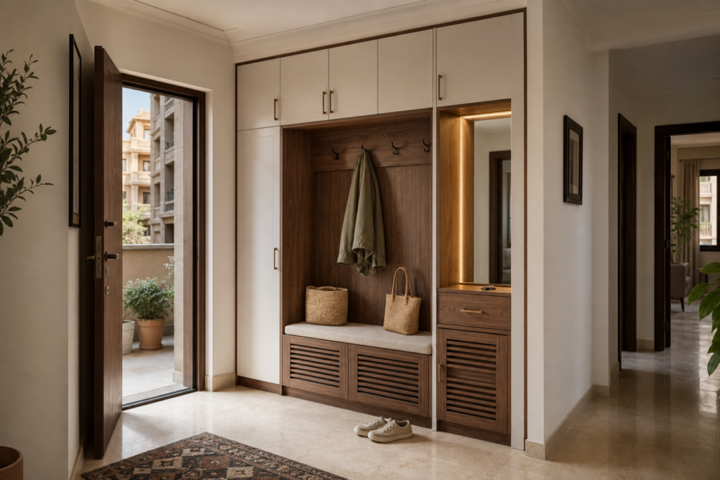 Custom walnut entryway storage with ventilated shoe cabinets and a bench in a Cairo apartment