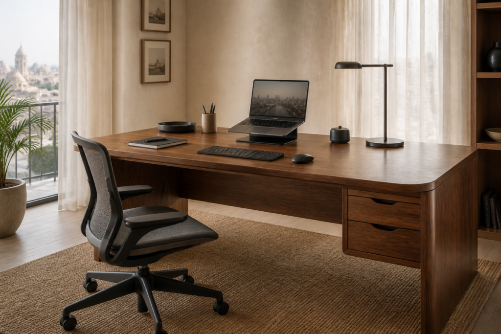 Custom walnut ergonomic home office desk with cable management in a modern Cairo apartment