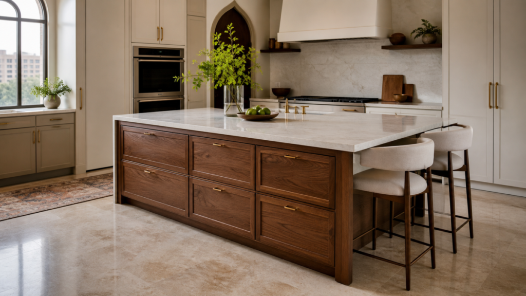 Custom walnut kitchen island with deep drawers and counter seating in a modern Cairo apartment