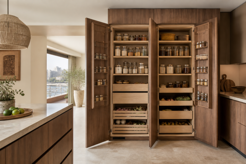 Open custom walnut kitchen pantry with adjustable shelves and pull-out storage in a modern Cairo apartment