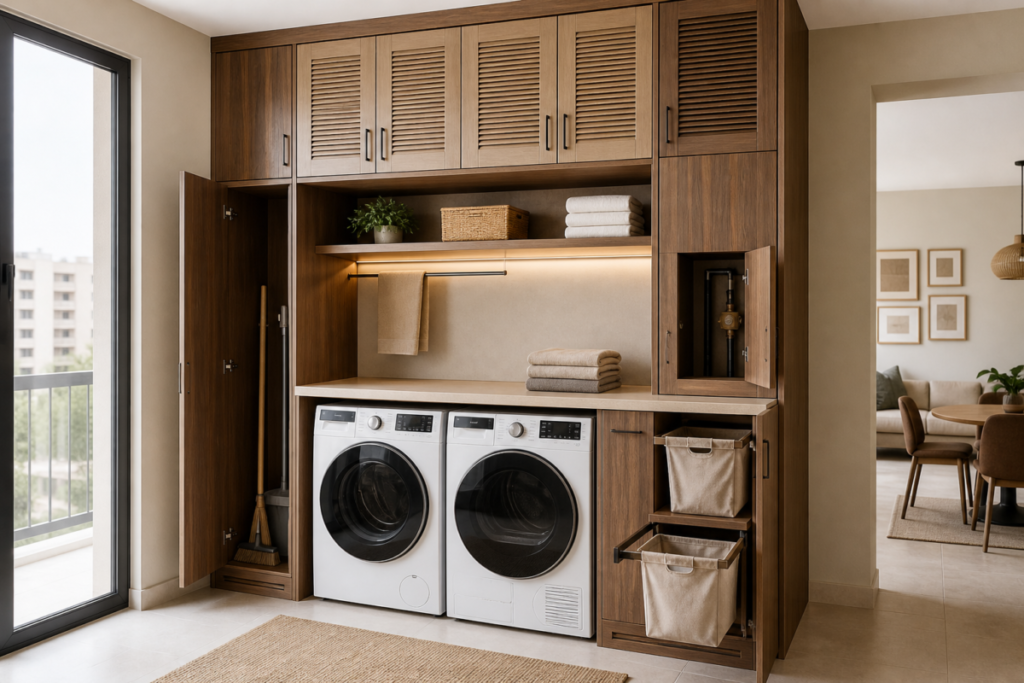 Custom walnut laundry cabinet with ventilated storage around a washer and dryer in a modern Cairo apartment