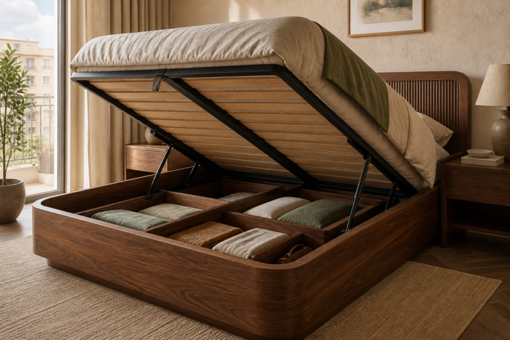 Custom walnut lift-up storage bed with organized compartments in a modern Cairo bedroom