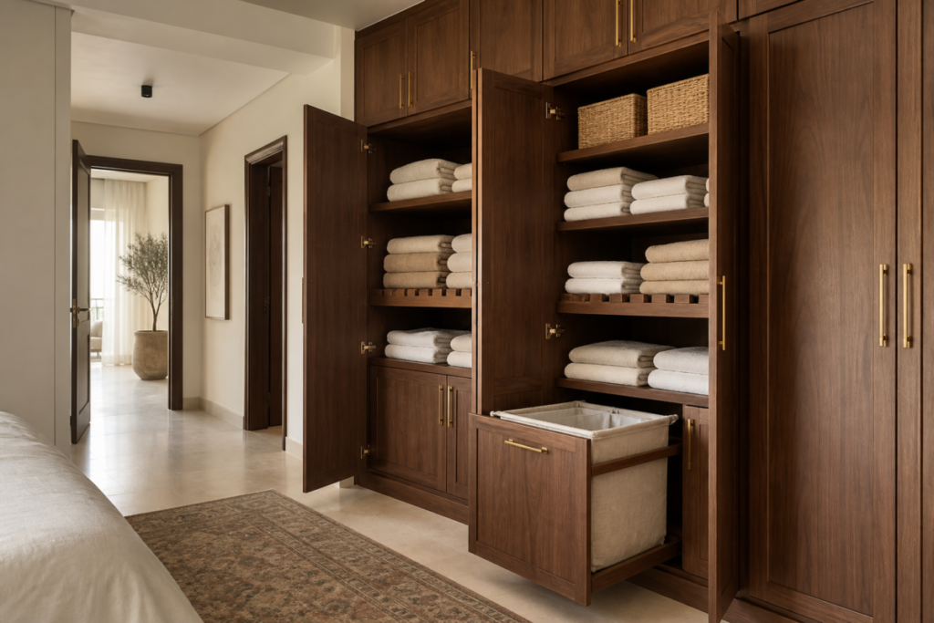 Custom walnut linen storage cabinet with folded towels and a pull-out hamper in a modern Cairo apartment