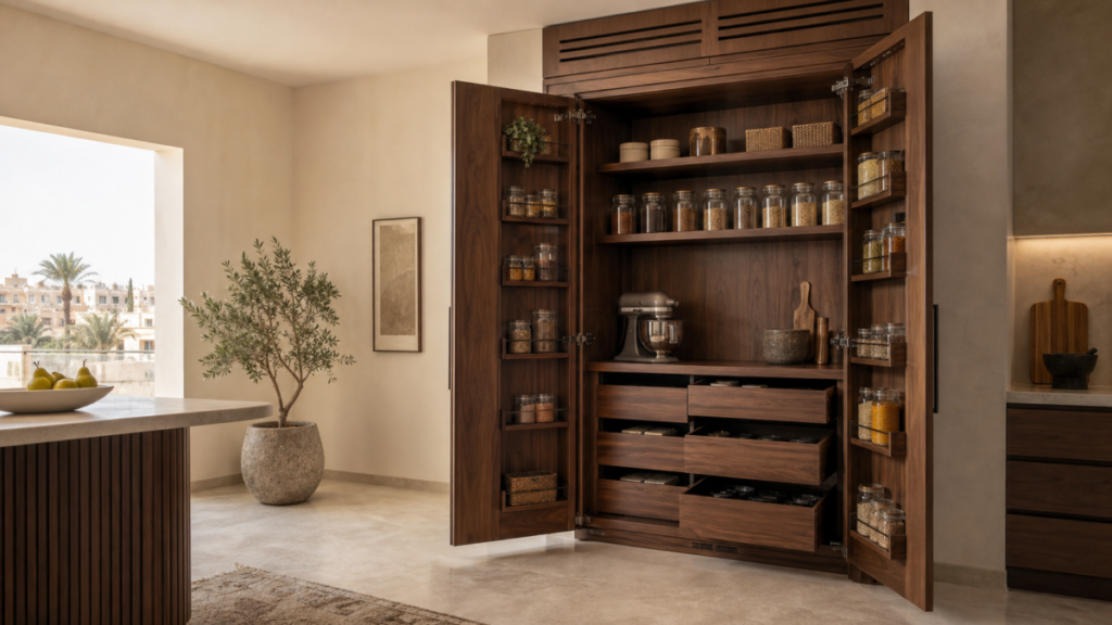 Custom walnut pantry cabinet with pull-out drawers and organized dry goods in a modern Cairo kitchen