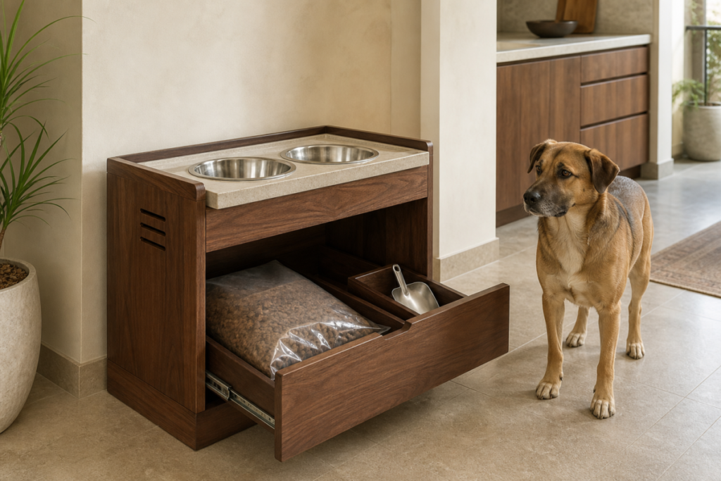 Custom walnut pet feeding station with removable bowls and pet food storage in a modern Cairo apartment