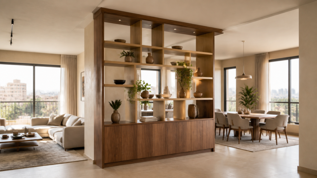 Custom walnut open shelving room divider with closed storage between living and dining zones in a Cairo apartment