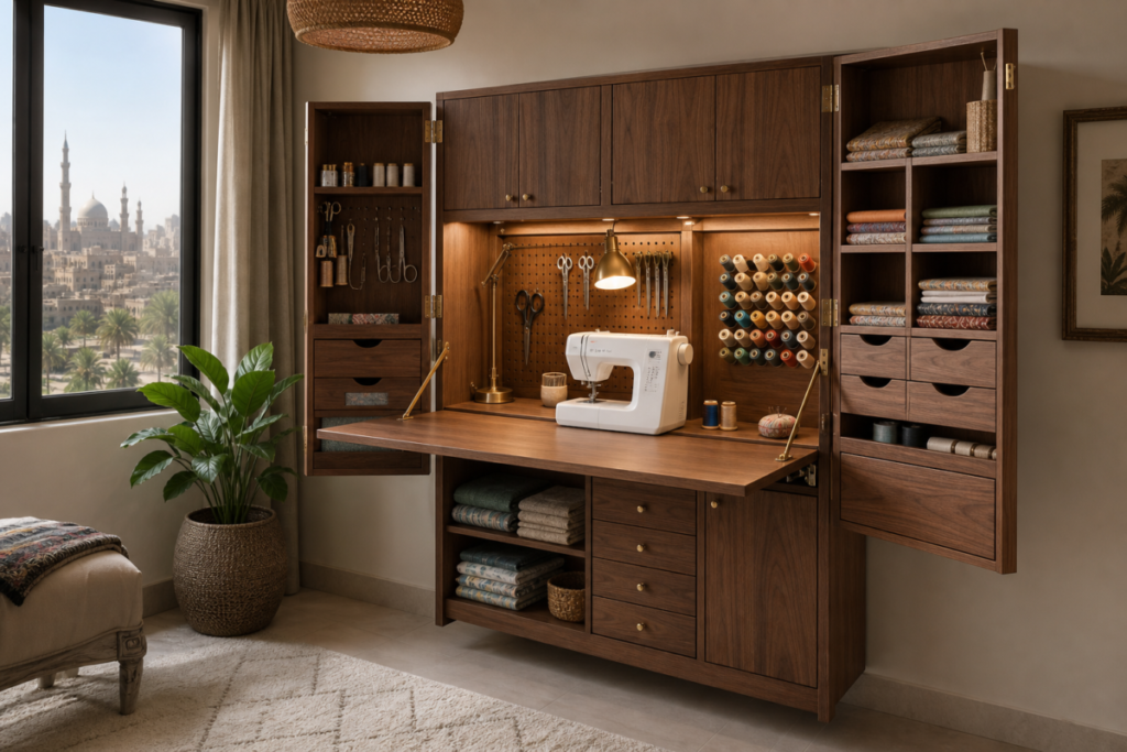 Custom walnut sewing and craft cabinet with a fold-down worktop in a modern Cairo apartment