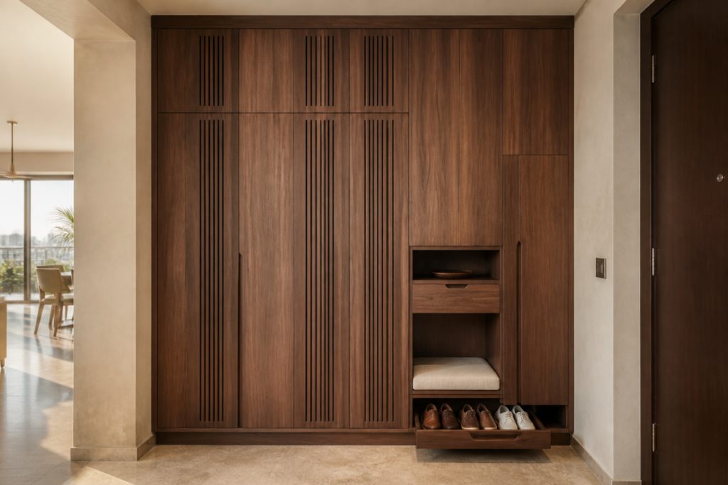 Custom ventilated walnut shoe cabinet with bench niche and pull-out tray in a modern Cairo apartment entrance