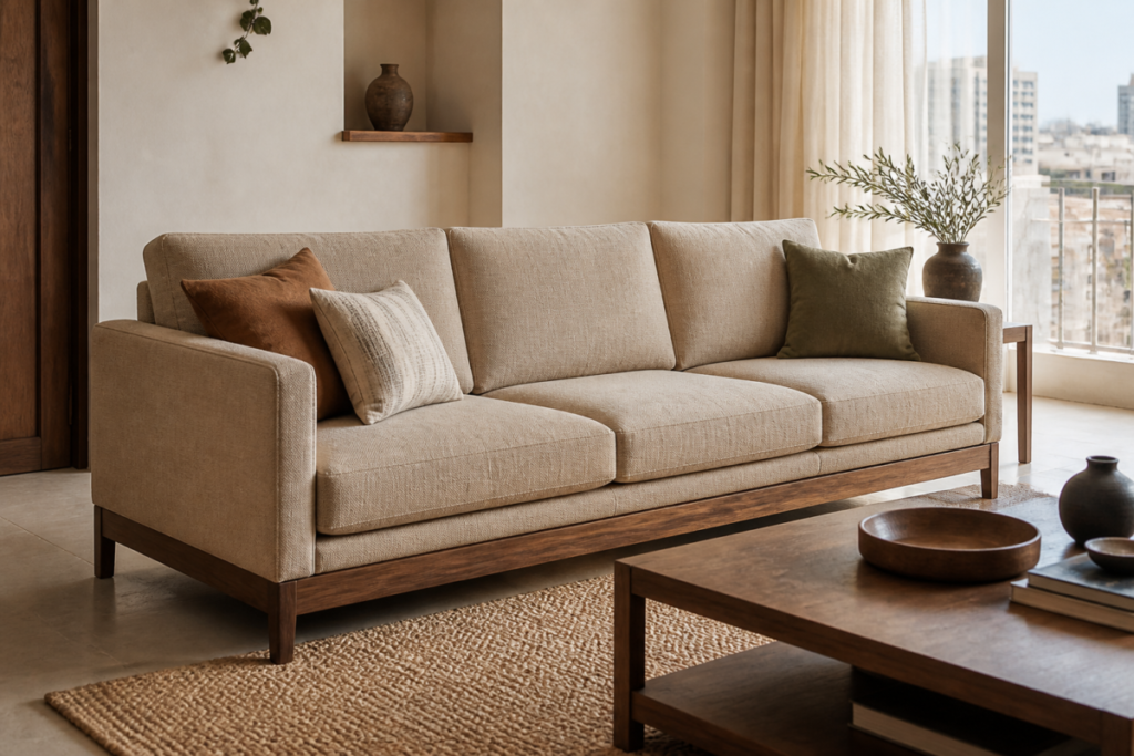 Custom sand-colored sofa with walnut base in a contemporary Cairo living room