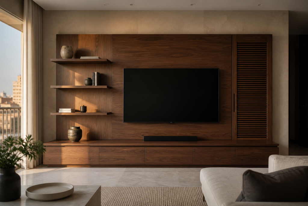 Custom walnut TV and media wall with ventilated cabinet and hidden wiring in a modern Cairo apartment