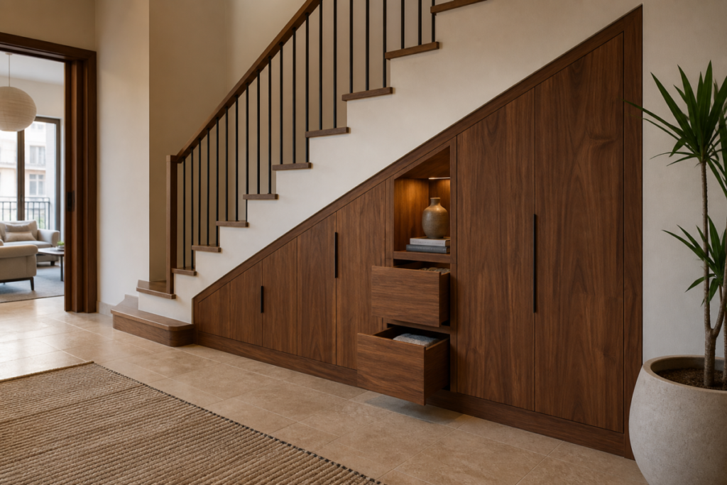 Custom walnut under-stair storage with doors and pull-out drawers in a modern Cairo home