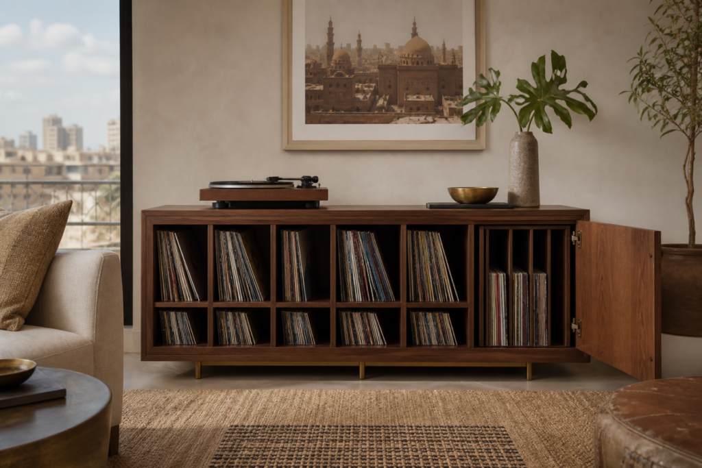 Custom walnut vinyl record storage cabinet with upright LP compartments and turntable in a modern Cairo living room