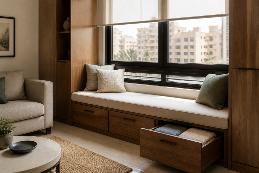 Custom walnut window seat with upholstered cushion and pull-out storage drawers in a modern Cairo apartment