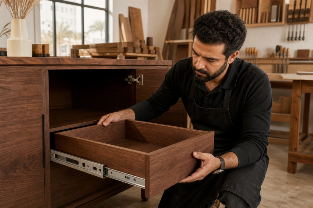 Egyptian furniture maker testing a walnut drawer with metal slides and a cabinet hinge